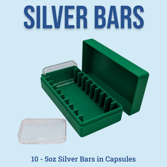 5oz Silver Bars Storage Box for Direct-Fit Capsules | Holds 10 5oz Silver Bars | 1x10 Layout | 9 color Options | Optional Customized Text