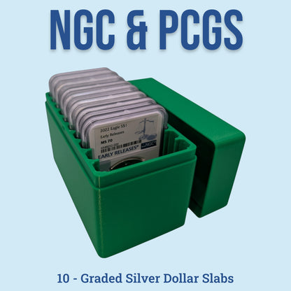 Graded Coin Storage Box | 10 Certified NGC and PCGS 1oz Silver DollarSlabs | 1x10 Layout | 9 Color Options | Optional Customized Text