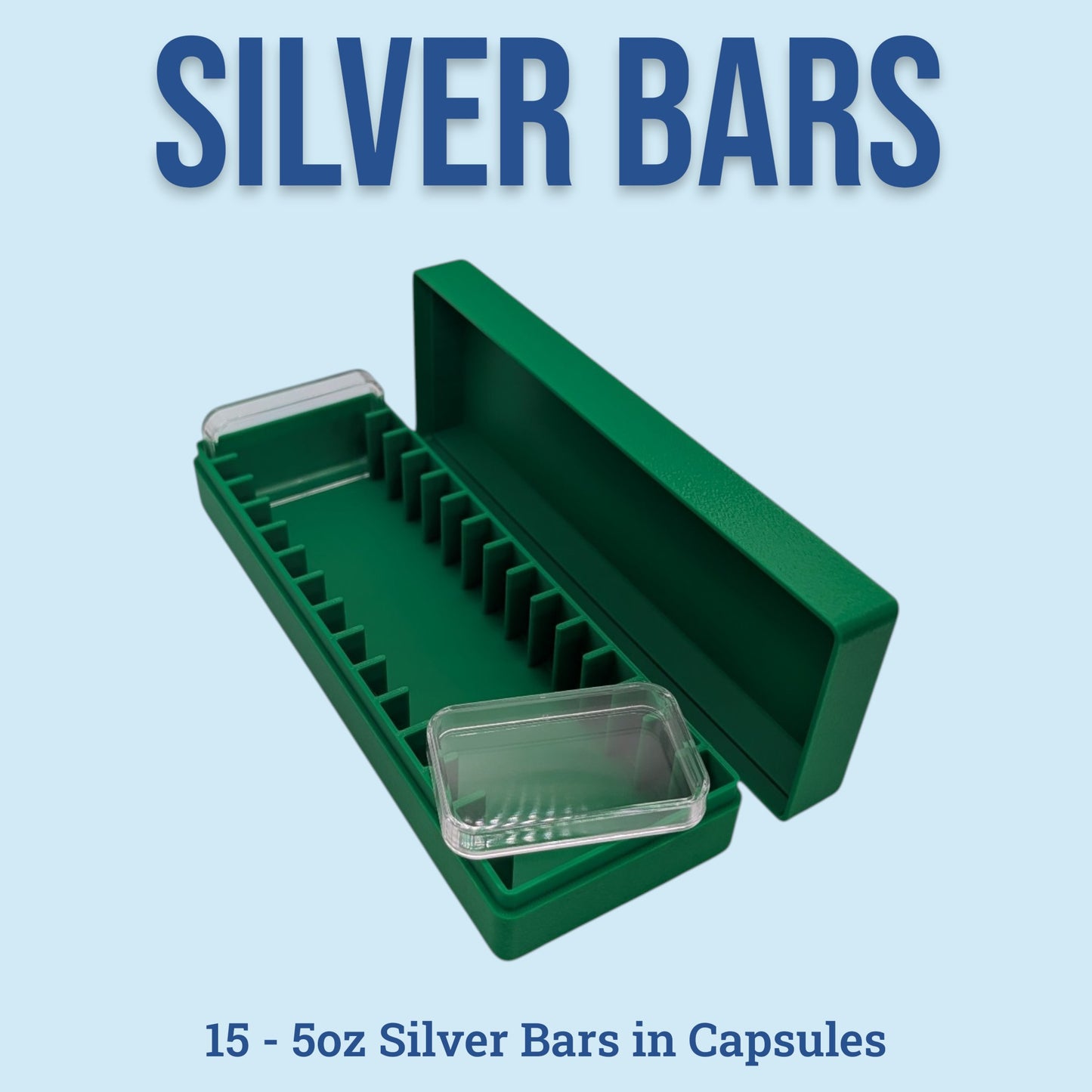 5oz Silver Bars Storage Box for Direct-Fit Capsules | Holds 15 5oz Silver Bars | 1x15 Layout | 9 color Options | Optional Customized Text