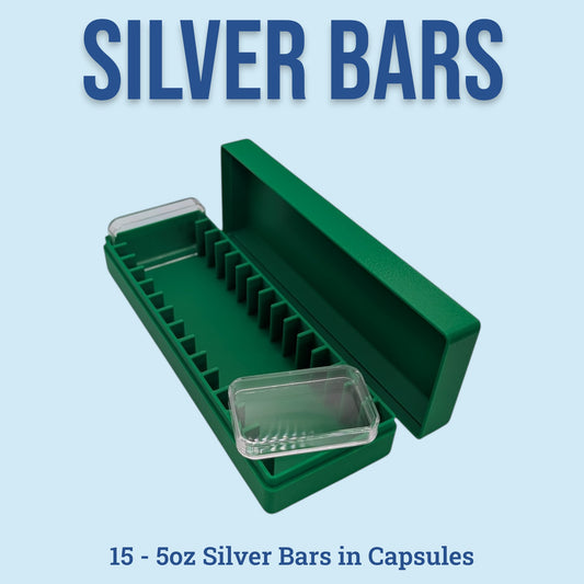5oz Silver Bars Storage Box for Direct-Fit Capsules | Holds 15 5oz Silver Bars | 1x15 Layout | 9 color Options | Optional Customized Text