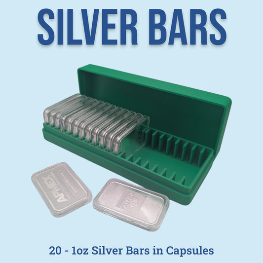 1oz Silver Bars Storage Box for Direct-Fit Capsules | Holds 20 1oz Silver Bars | 1x20 Layout | 9 color Options | Optional Customized Text