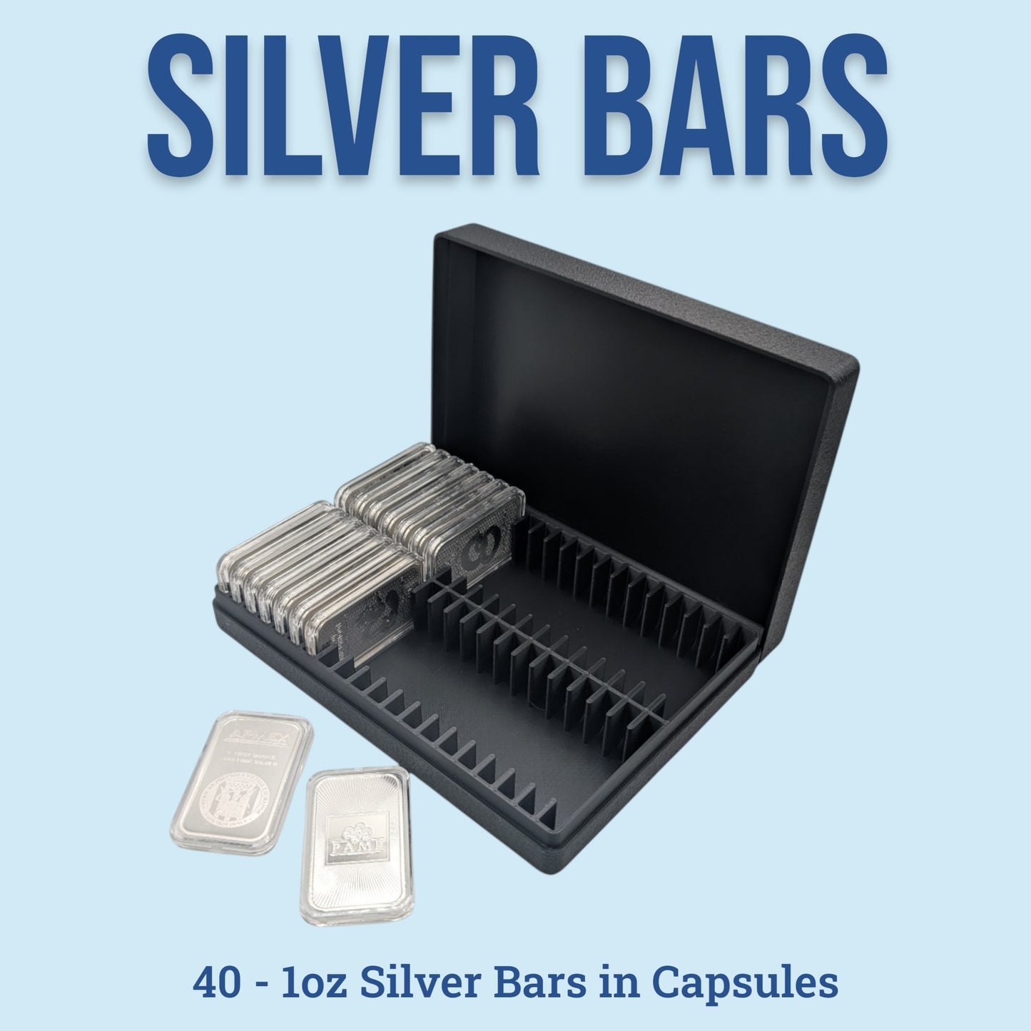 1oz Silver Bars Storage Box for Direct-Fit Capsules | Holds 40 1oz Silver Bars | 2x20 Layout | 9 color Options | Optional Customized Text