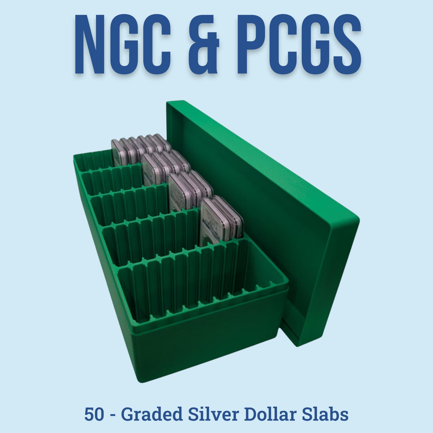 Graded Coin Storage Box | 50 Certified NGC and PCGS 1oz Silver Dollar Slabs | 5x10 Layout | 9 Color Options | Optional Customized Text