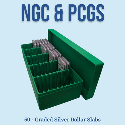 Graded Coin Storage Box | 50 Certified NGC and PCGS 1oz Silver Dollar Slabs | 5x10 Layout | 9 Color Options | Optional Customized Text