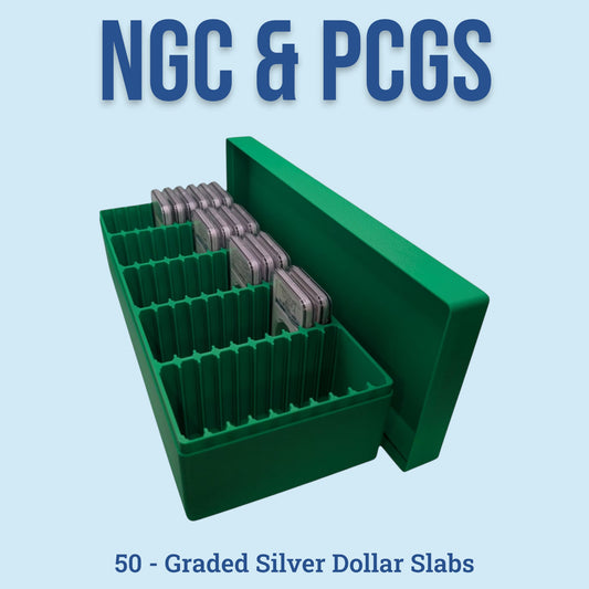 Graded Coin Storage Box | 50 Certified NGC and PCGS 1oz Silver Dollar Slabs | 5x10 Layout | 9 Color Options | Optional Customized Text