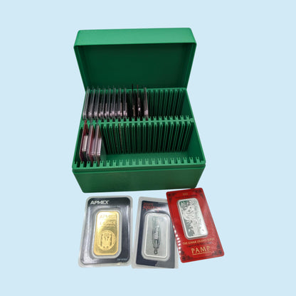 1 oz Gold and Silver Bar Assay Card Case | Holds 50 Common Assay Cards | 9 color options | 2x25 Layout | Optional Customizable Text on lid
