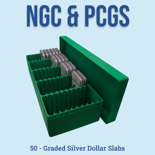 Graded Coin Storage Box | 50 Certified NGC and PCGS 1oz Silver Dollar Slabs | 5x10 Layout | 9 Color Options | Optional Customized Text