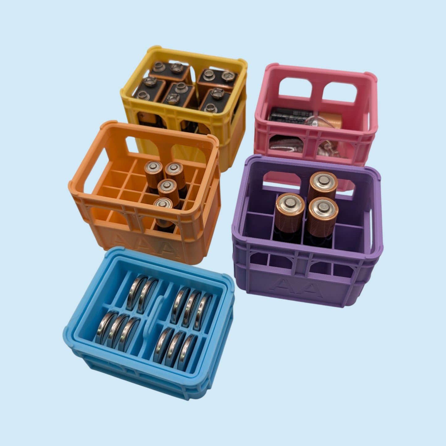 Pastel Crate Styled Battery Storage | Battery Case for AAA, AA, 9v, 18650, 18500, CR2032 | Organizer | Stackable | 3D Printed | Unique Gift