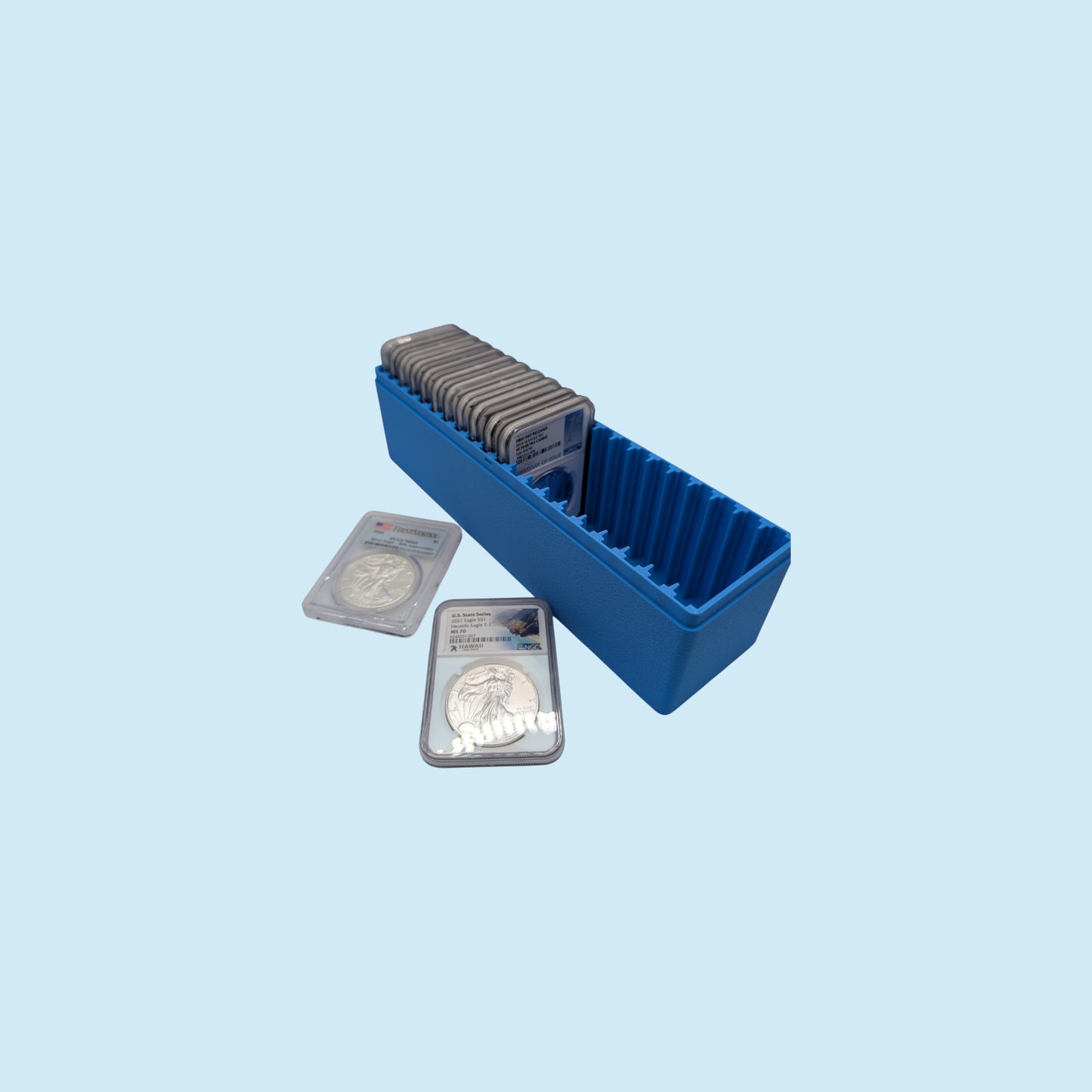 Graded Coin Storage Box | 20 Certified NGC and PCGS 1oz Silver DollarSlabs | 1x20 Layout | 9 Color Options | Optional Customized Text