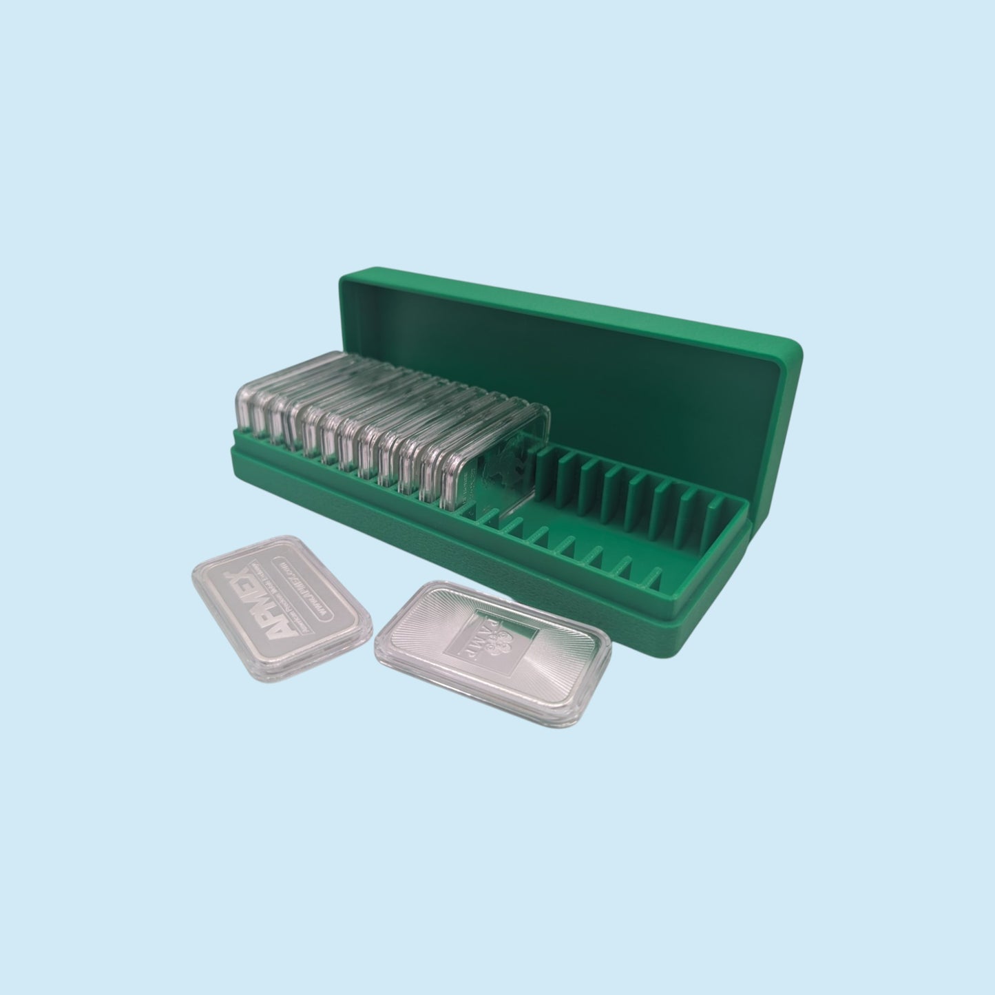 1oz Silver Bars Storage Box for Direct-Fit Capsules | Holds 20 1oz Silver Bars | 1x20 Layout | 9 color Options | Optional Customized Text