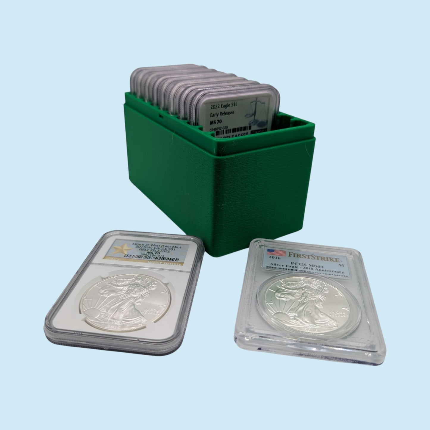 Graded Coin Storage Box | 10 Certified NGC and PCGS 1oz Silver DollarSlabs | 1x10 Layout | 9 Color Options | Optional Customized Text