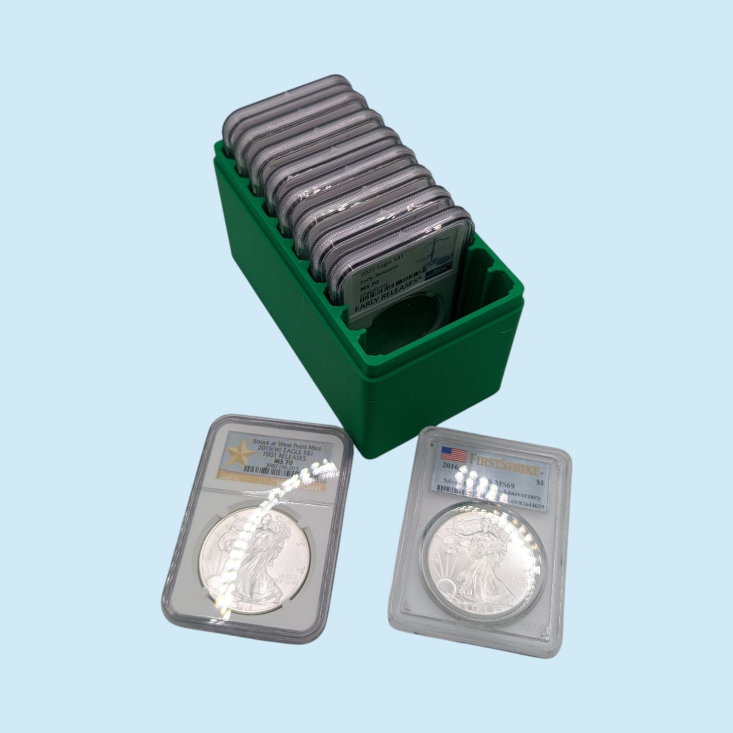 Graded Coin Storage Box | 10 Certified NGC and PCGS 1oz Silver DollarSlabs | 1x10 Layout | 9 Color Options | Optional Customized Text