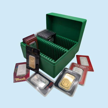 1 oz Gold and Silver Bar Assay Card Case | Holds 40 Common Assay Cards | 9 color options | 2x20 Layout | Optional Customizable Text on lid