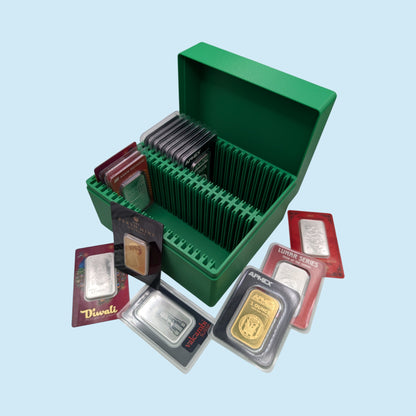 1 oz Gold and Silver Bar Assay Card Case | Holds 40 Common Assay Cards | 9 color options | 2x20 Layout | Optional Customizable Text on lid