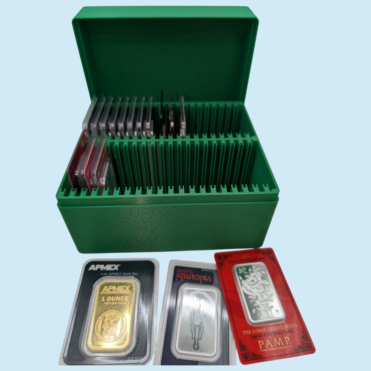 1 oz Gold and Silver Bar Assay Card Case | Holds 40 Common Assay Cards | 9 color options | 2x20 Layout | Optional Customizable Text on lid