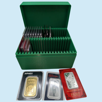 1 oz Gold and Silver Bar Assay Card Case | Holds 40 Common Assay Cards | 9 color options | 2x20 Layout | Optional Customizable Text on lid