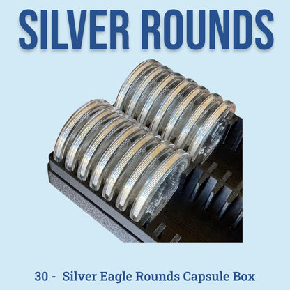 30 Coin Storage Box for 1 oz Silver Eagles in Capsules | 2x15 (2 rows of 15) | Fits 44mm-47mm Capsules | 9 Colors | Optional Custom Text
