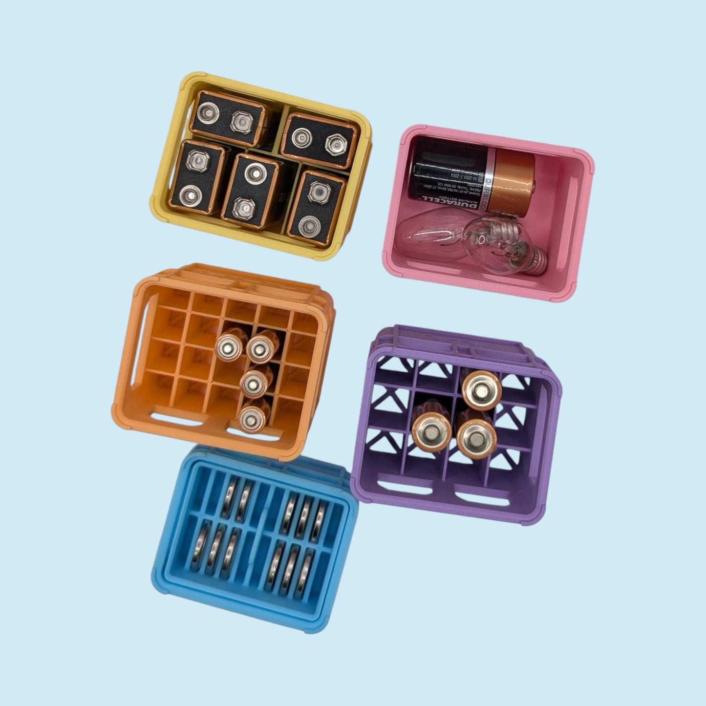 Pastel Crate Styled Battery Storage | Battery Case for AAA, AA, 9v, 18650, 18500, CR2032 | Organizer | Stackable | 3D Printed | Unique Gift