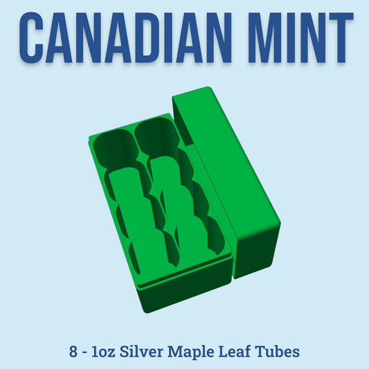Silver Maple Leaf Tube Storage Box: Holds 8 RCM 1oz Tubes, 9 Color Options, Custom Text Option